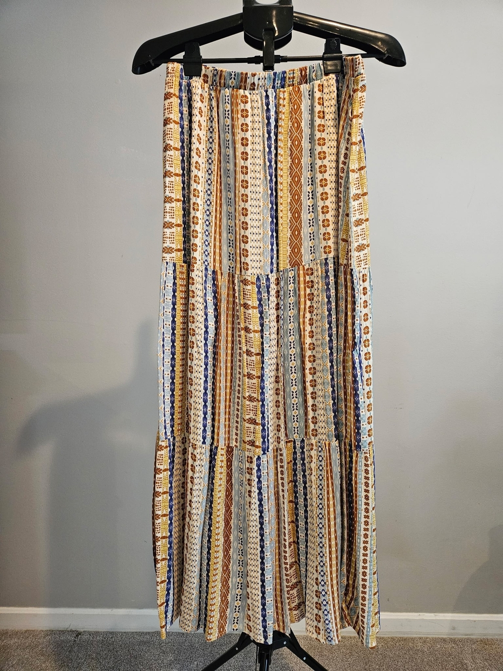 Boho Tiered Maxi Skirt in Blue, Tan & Cream